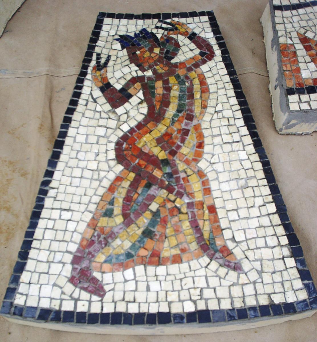 Deatil form a panel of musicians and dancers, 3 rd century AD. Marble mosaic on part of a patio paving set.
