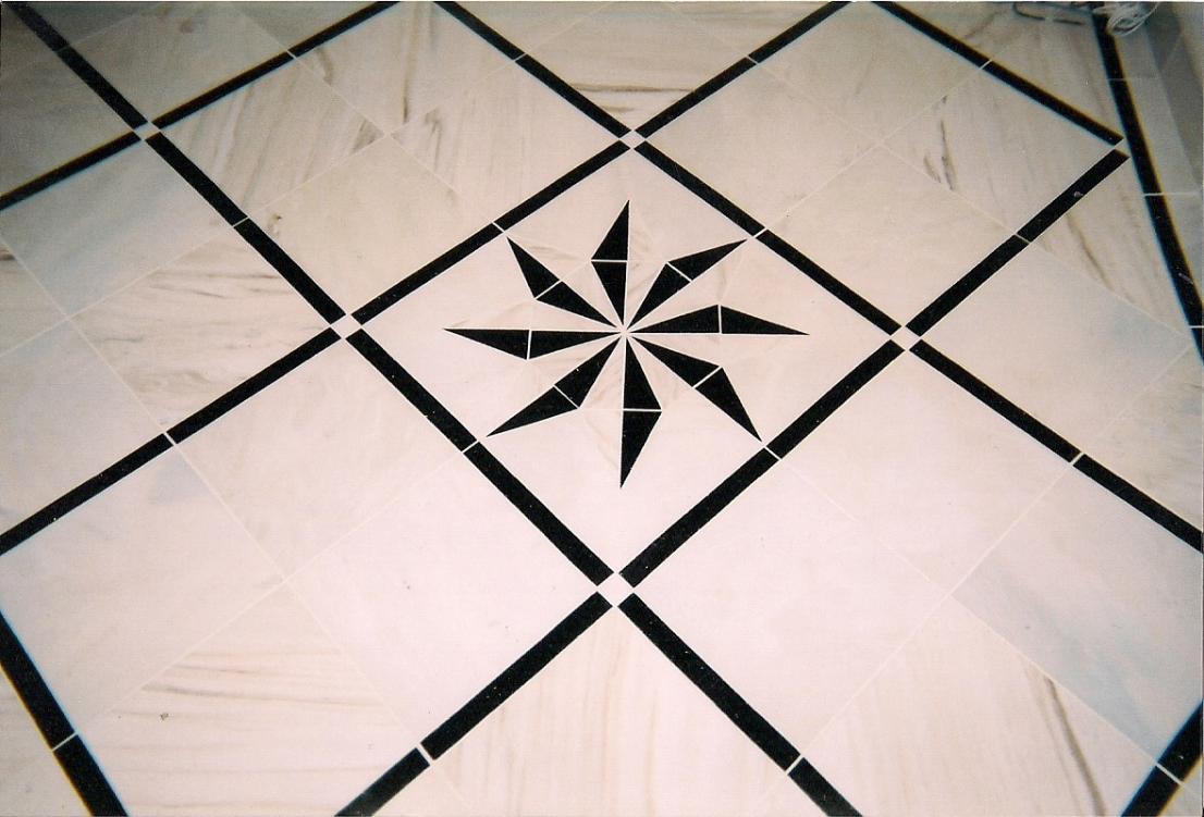 HAND MADE DECOR MOTTIF - 4 TILE 600X600MM PANELS OF CREMA MARBLE WITH STAR GALAXY GRANITE INLAY BORDERS