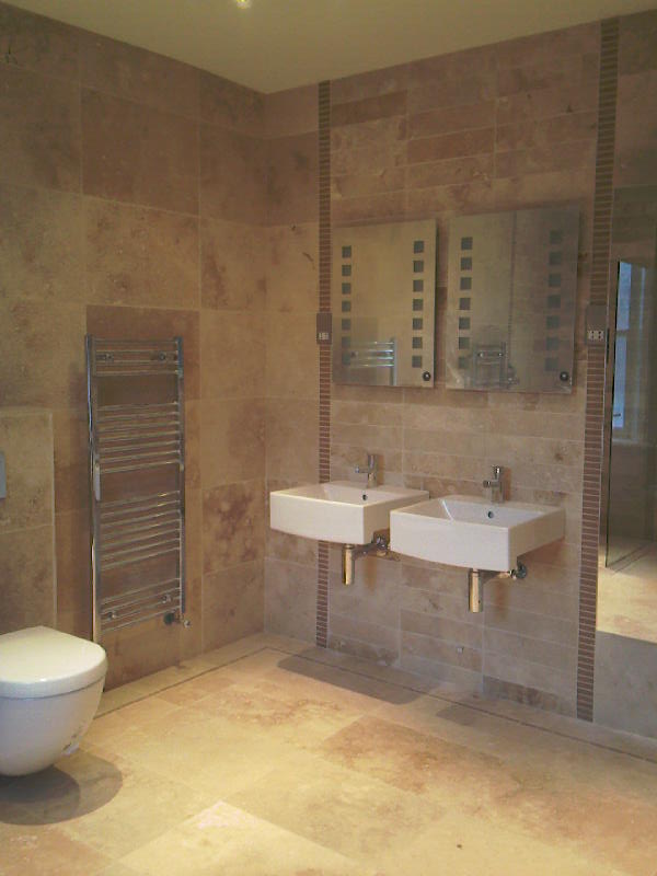 Travertine Honed & Filled 600x400mm with mosaic inlay and cut Travertine designer panel to basin feature wall (1)